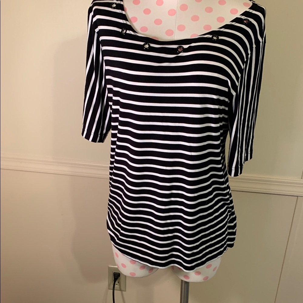 Max & Rina Nautical Striped shirt Size Large petite Black & white Like NEW Cute